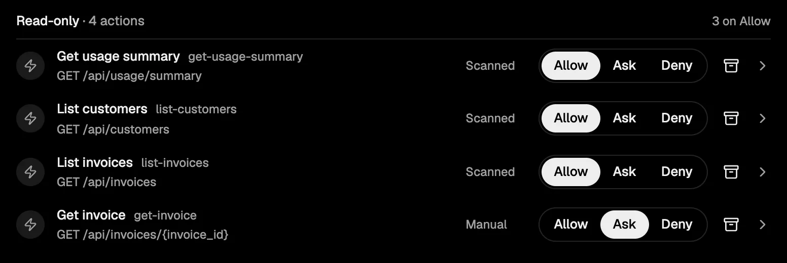 The Actions page: scanned API operations, each with an Allow, Ask or Deny policy.