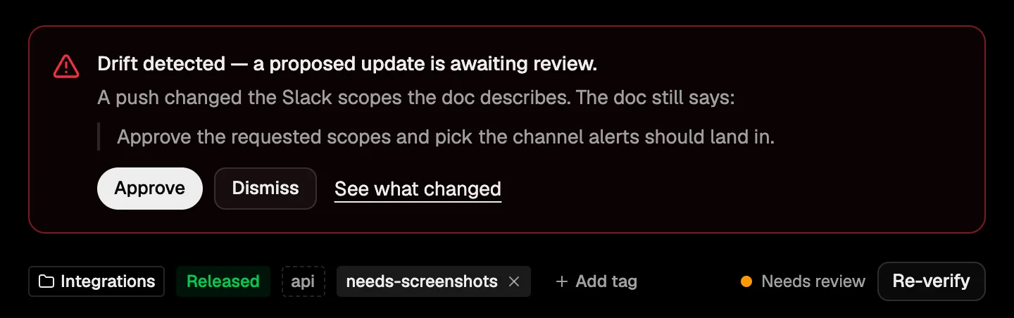 A released doc flagged by drift detection: a push changed what it describes, and a proposed update awaits review.