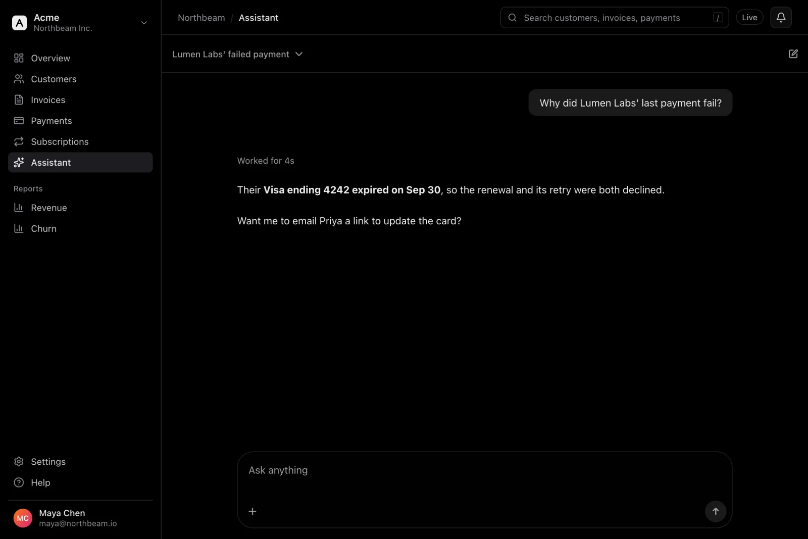 The assistant as a full page in a billing app.