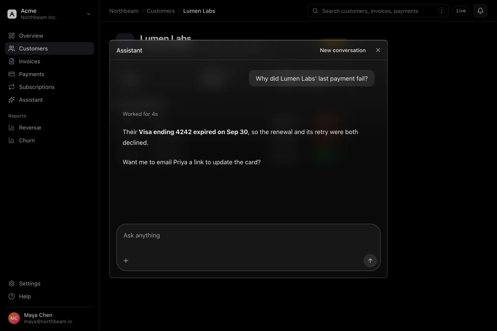 The assistant as a ⌘k palette in a billing app.