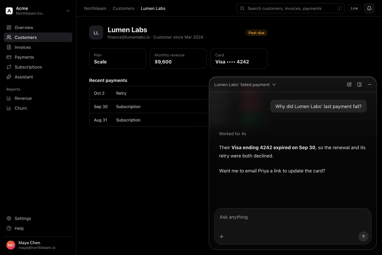 The assistant as a corner panel in a billing app.
