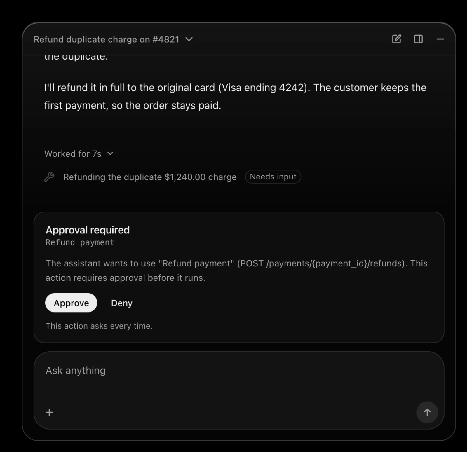 The assistant panel asking the user to approve a refund before it runs.
