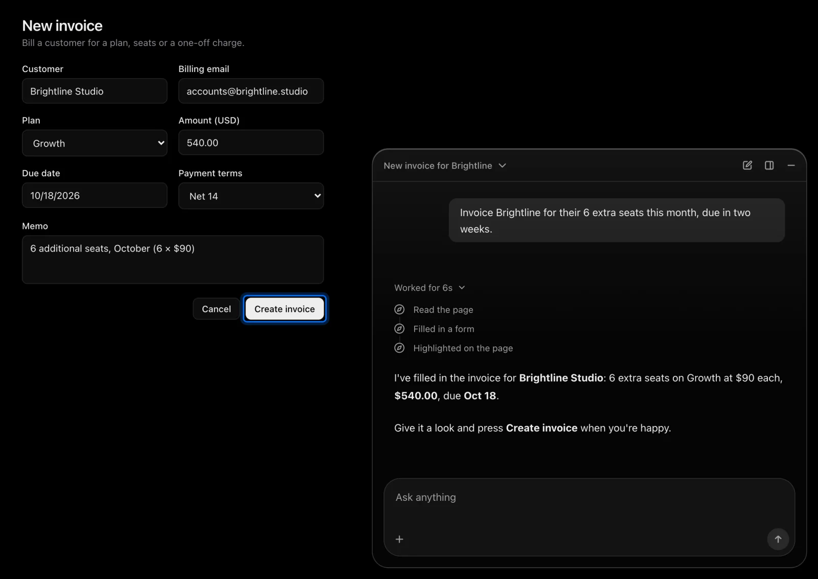The assistant has filled in a new invoice form and highlights the Create invoice button for the user to press.