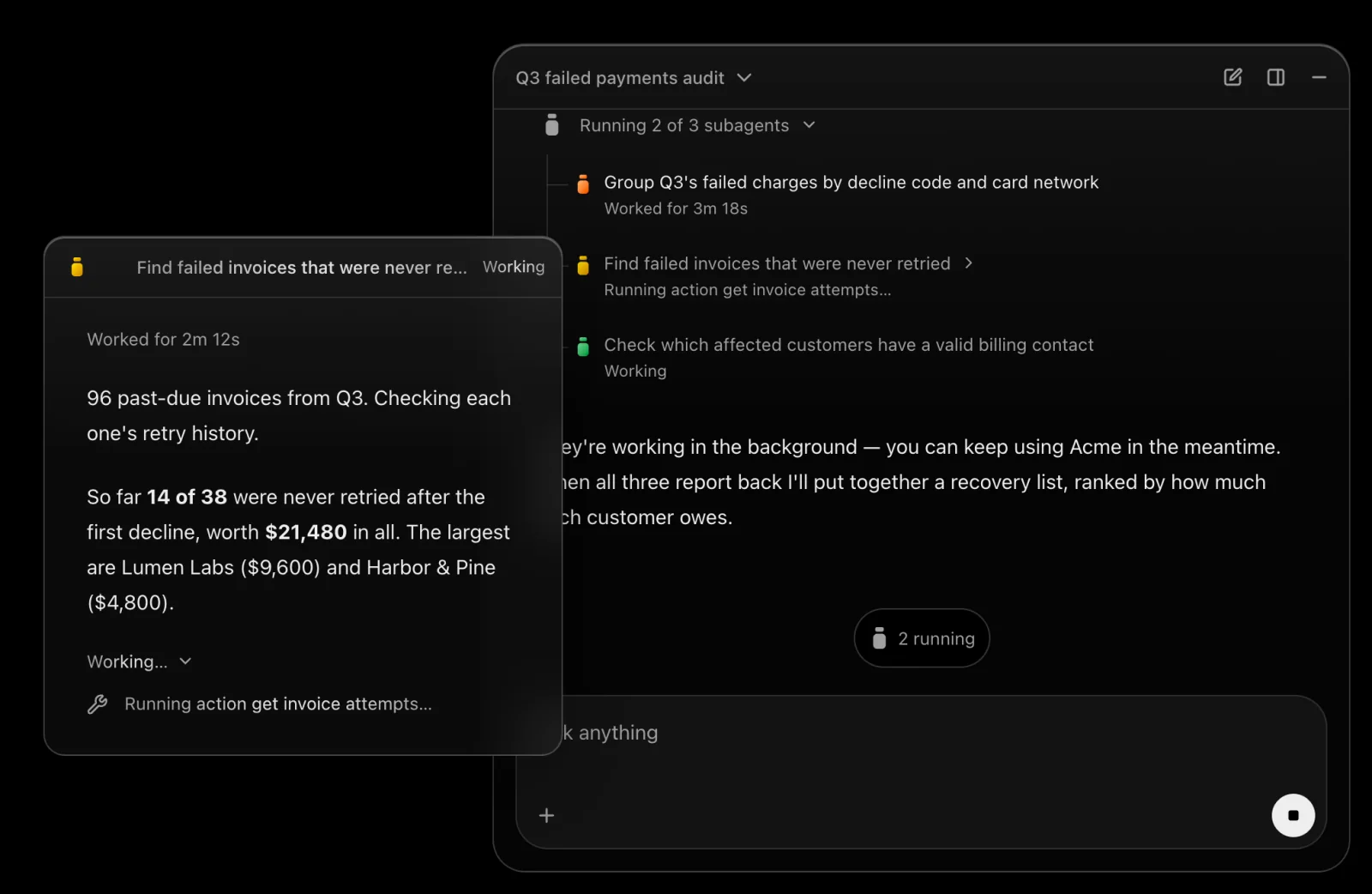 The assistant panel running three sub-agents, with one opened to show its progress.
