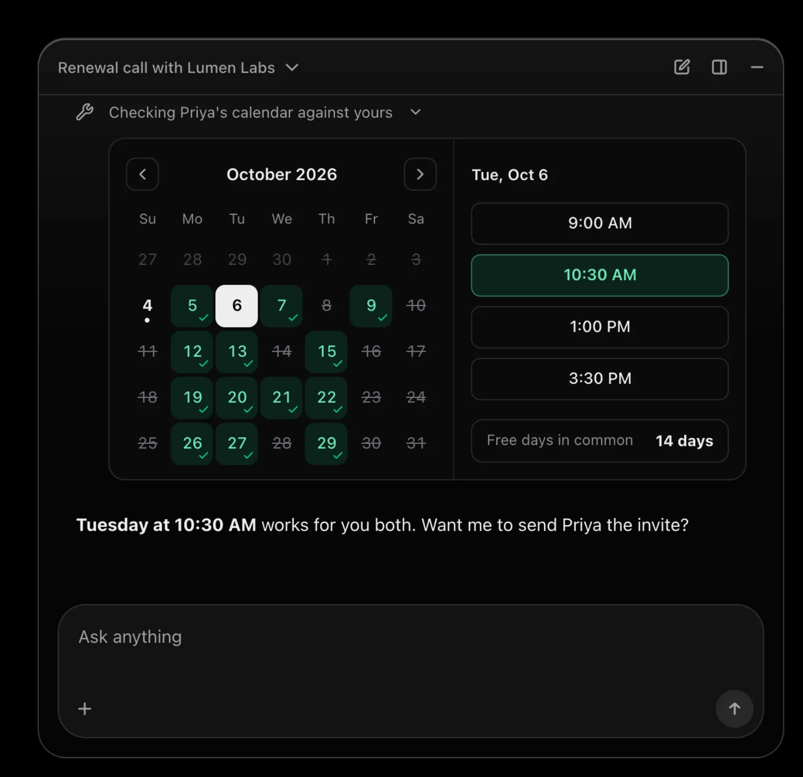 The assistant panel showing a calendar component with the free days two people share.